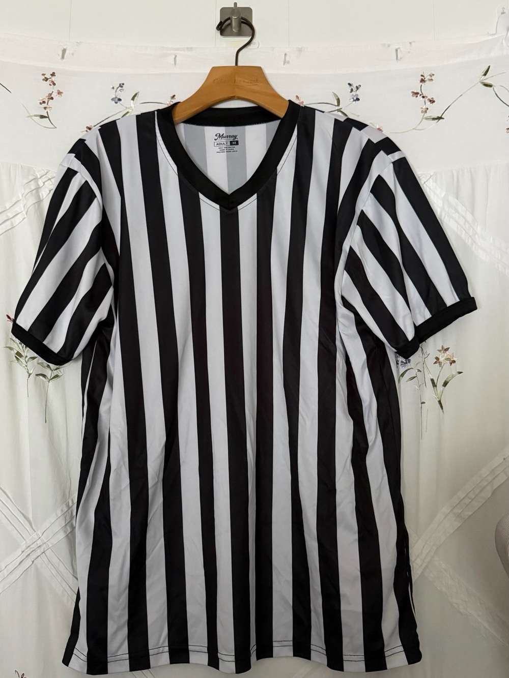 Men's Black & White Striped V-Neck Referee Tee